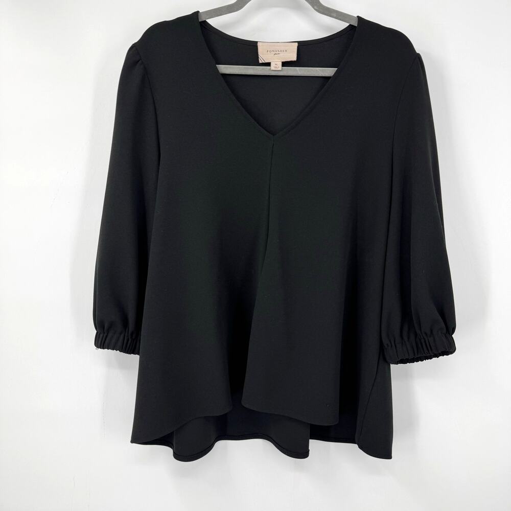 Pomander Place Tuckernuck V Neck Top Blouse XL Black 3/4 Sleeves Preppy Minimal